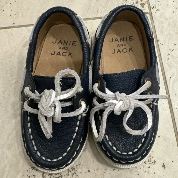 Janie and Jack Navy Blue Leather Baby Boat Shoes - Picture 3 of 7